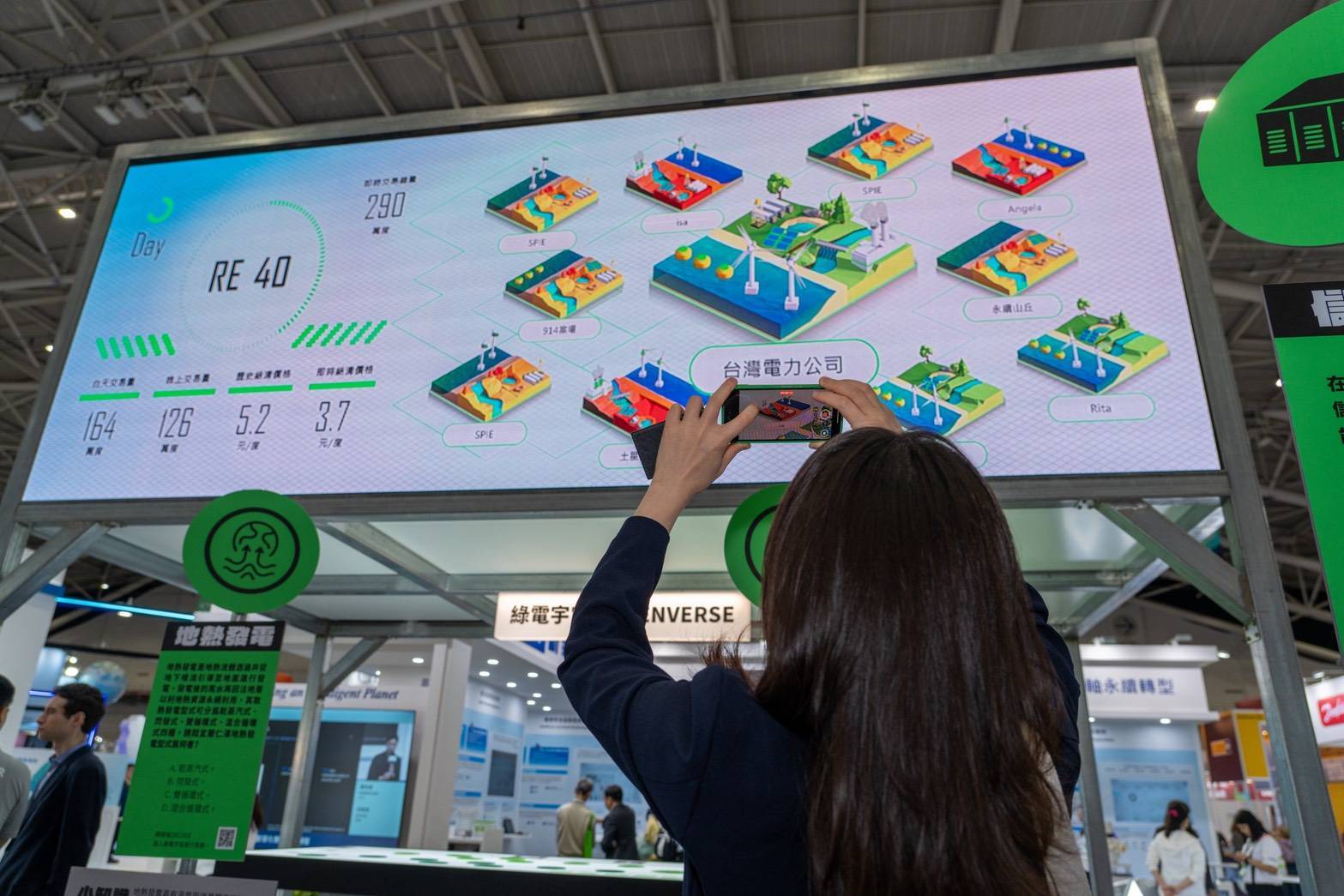 本次展區特別規劃「綠電宇宙」電力交易模擬體驗,透過手機進入遊玩頁面即可化身綠電業者,打造專屬綠電案場,再透過互動問答到市場上參與競標,實際體驗綠電從產出到交易的過程!