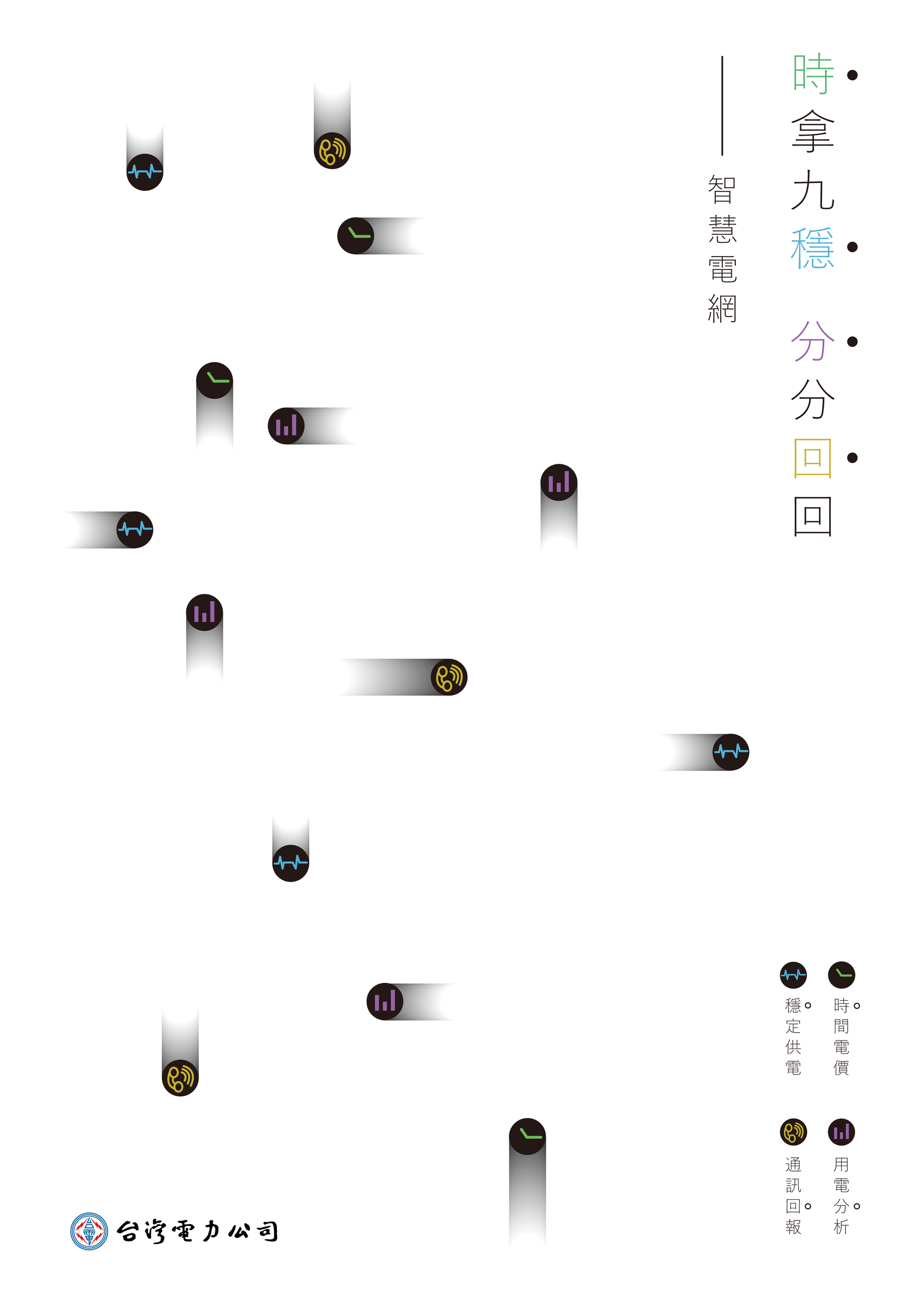 輔仁大學學生葛瑞芳作品「時拿九穩,分分回回」,以抽象排列表現「智慧」與「電網」,獲平面海報設計類大專院校組冠軍。